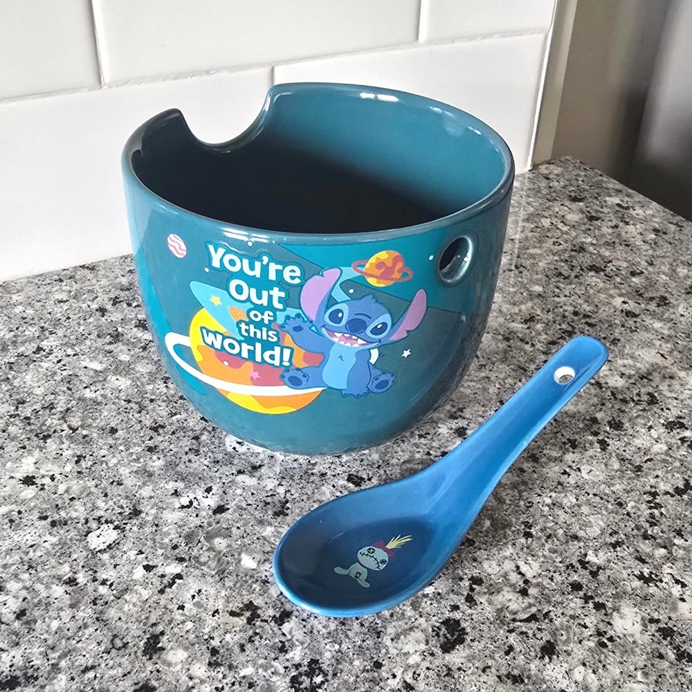 Disney Lilo And Stitch Ceramic Ramen Bowl With Spoon Blue No Chopsticks 18 oz.